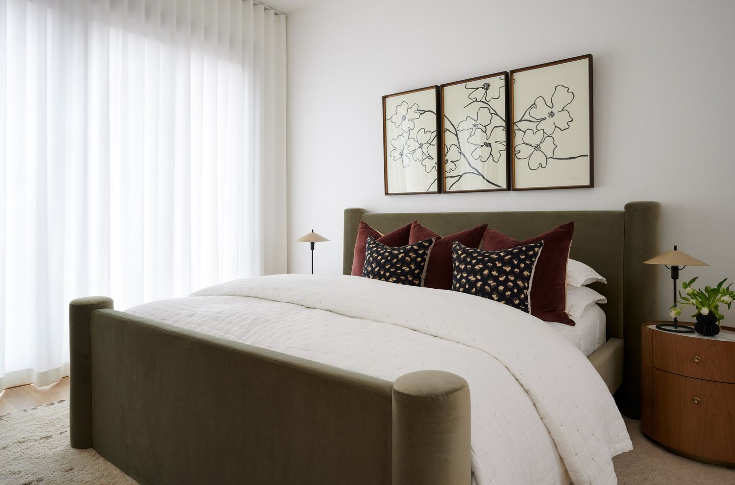 white bedroom with white fluffy bedding