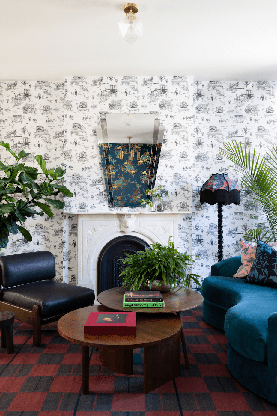 floral pillows and lampshade in parlor