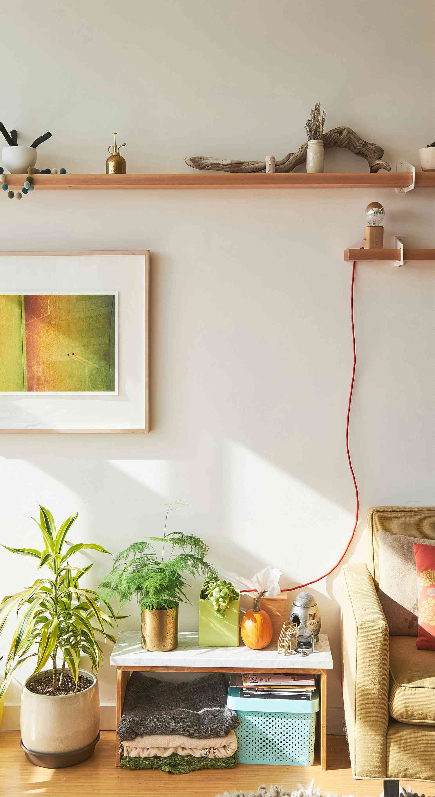 Floating wooden shelves in a living room