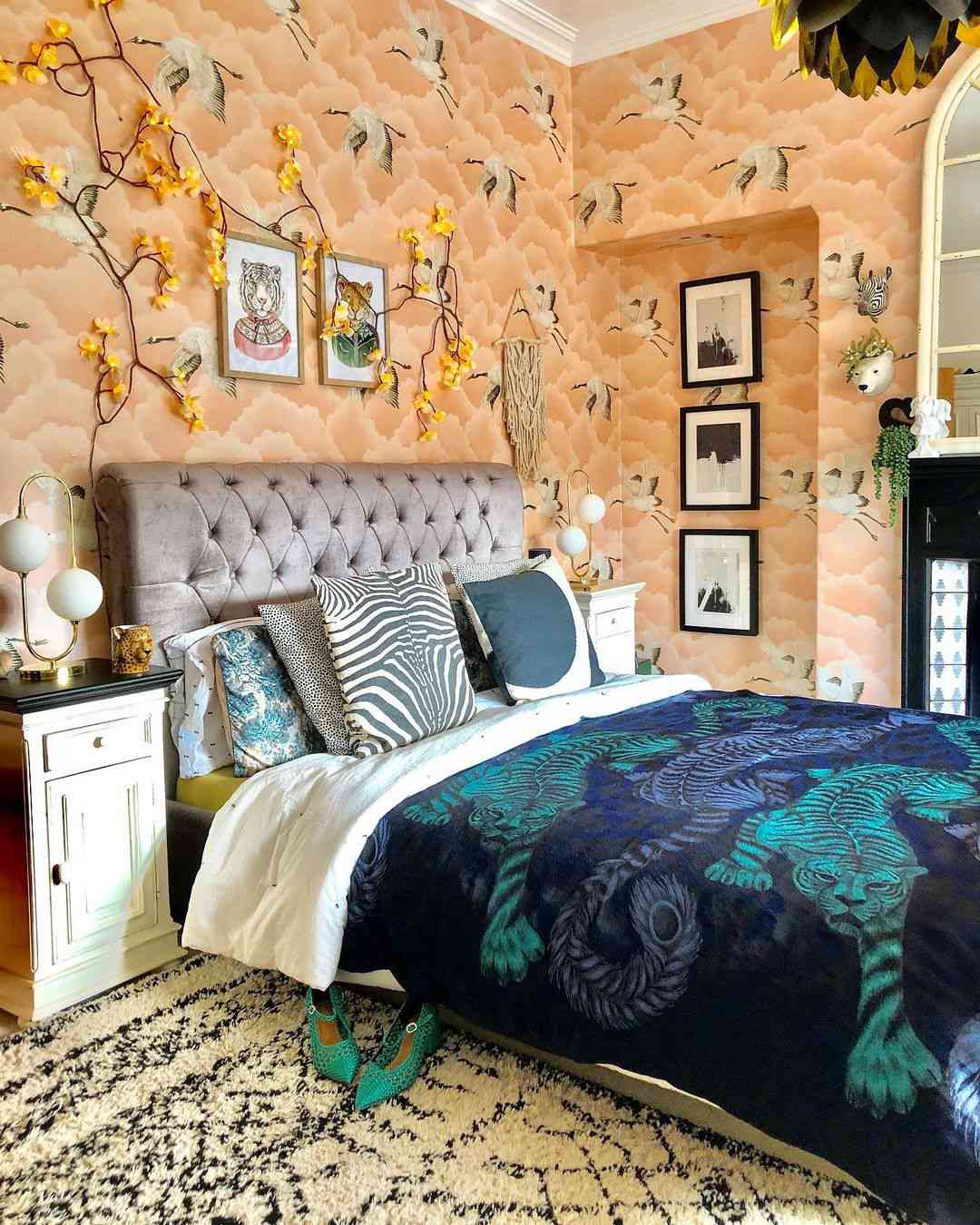 maximal quirky bedroom with wallpaper