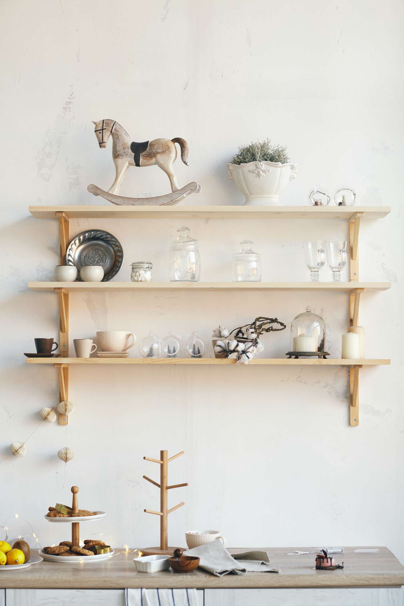 clear glassware on open shelving