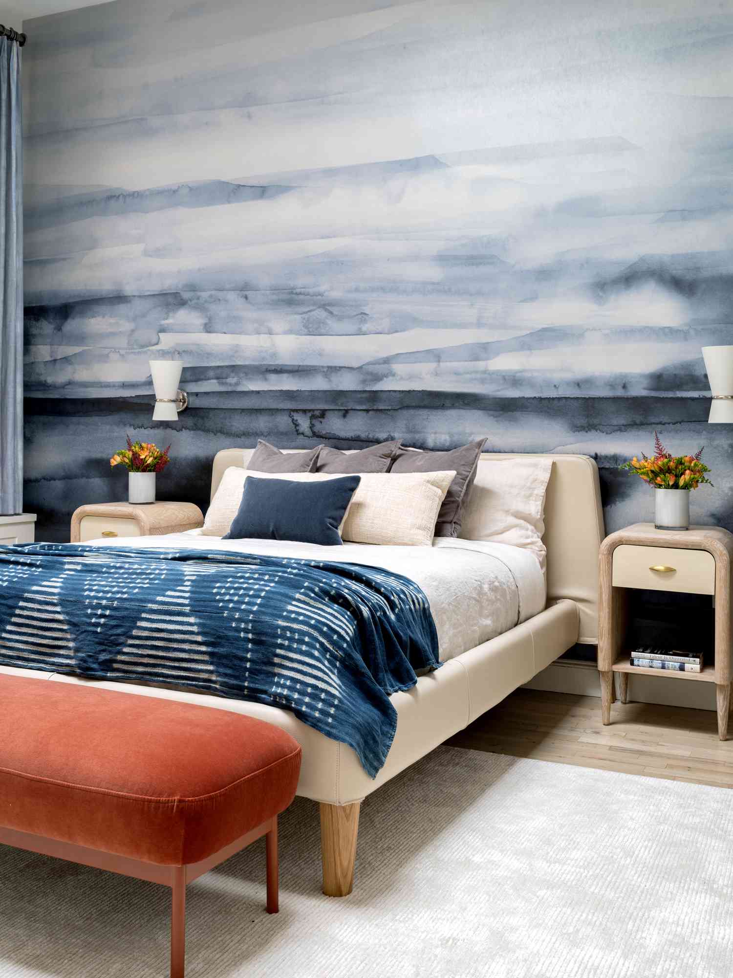 Blue watercolor bedroom with orange bench