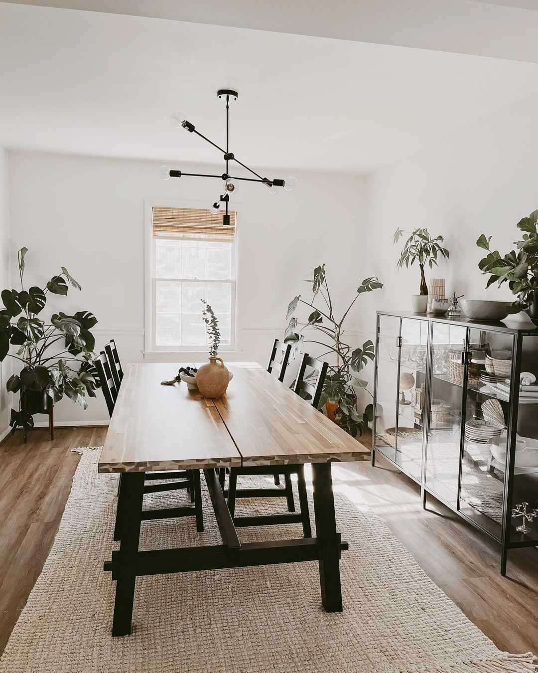 Modern dining room with modernist black chandelier, curio cabinet, and plants