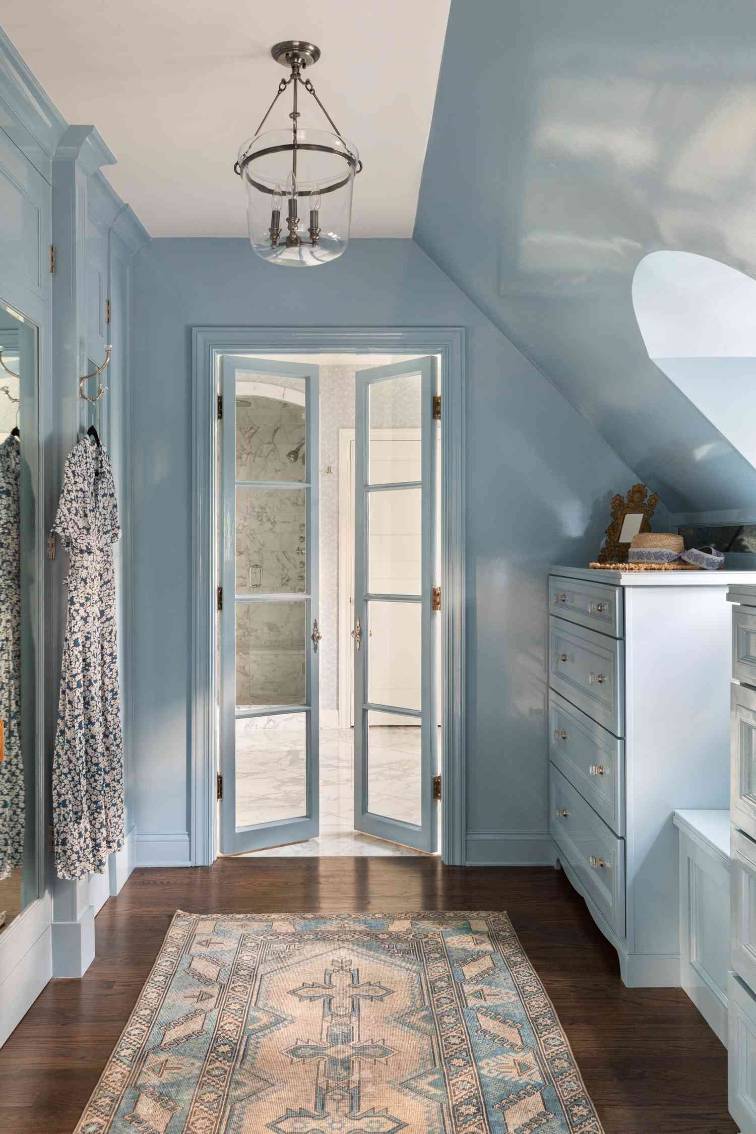 Powder blue hallway.