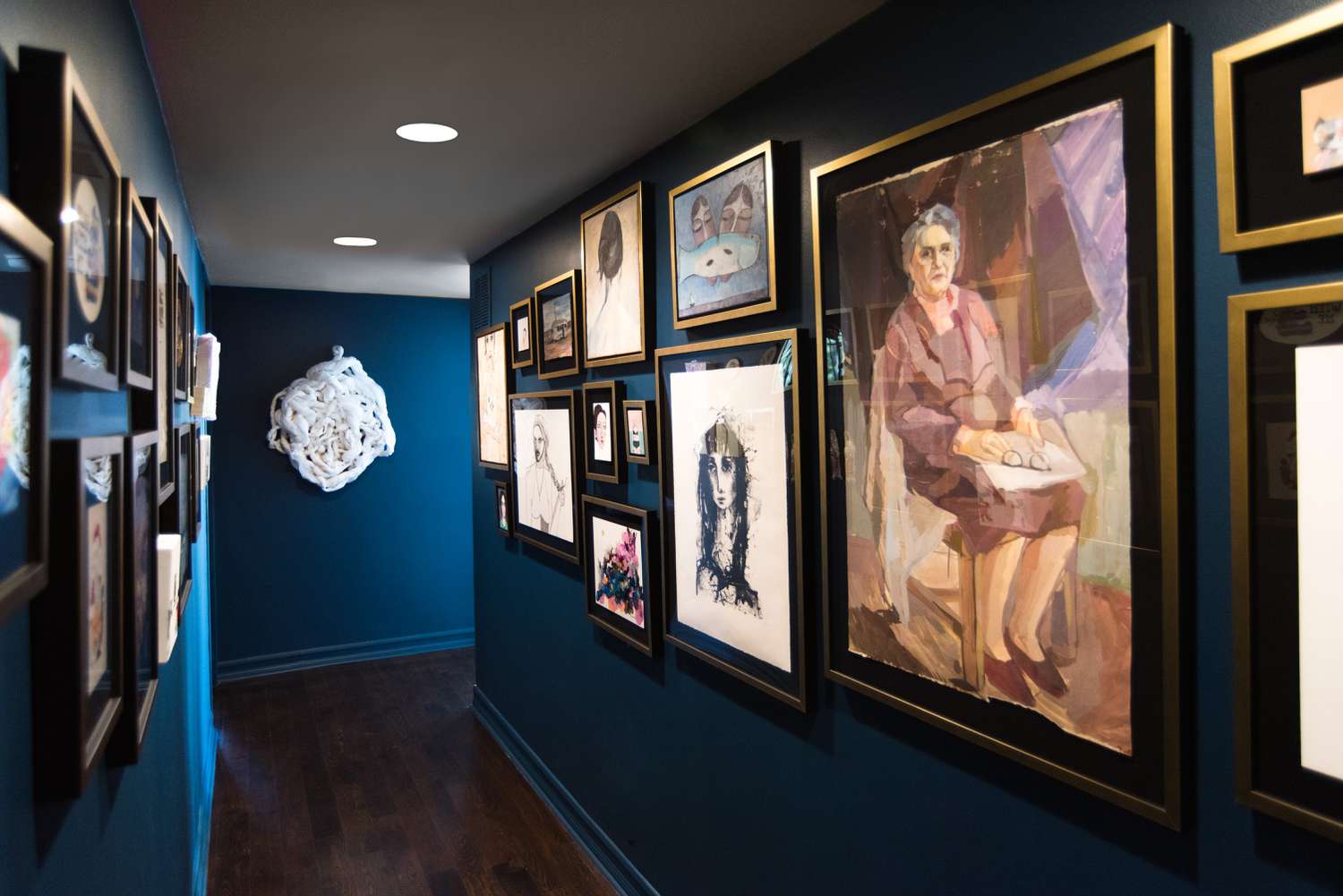 Blue hallway with matching trim.