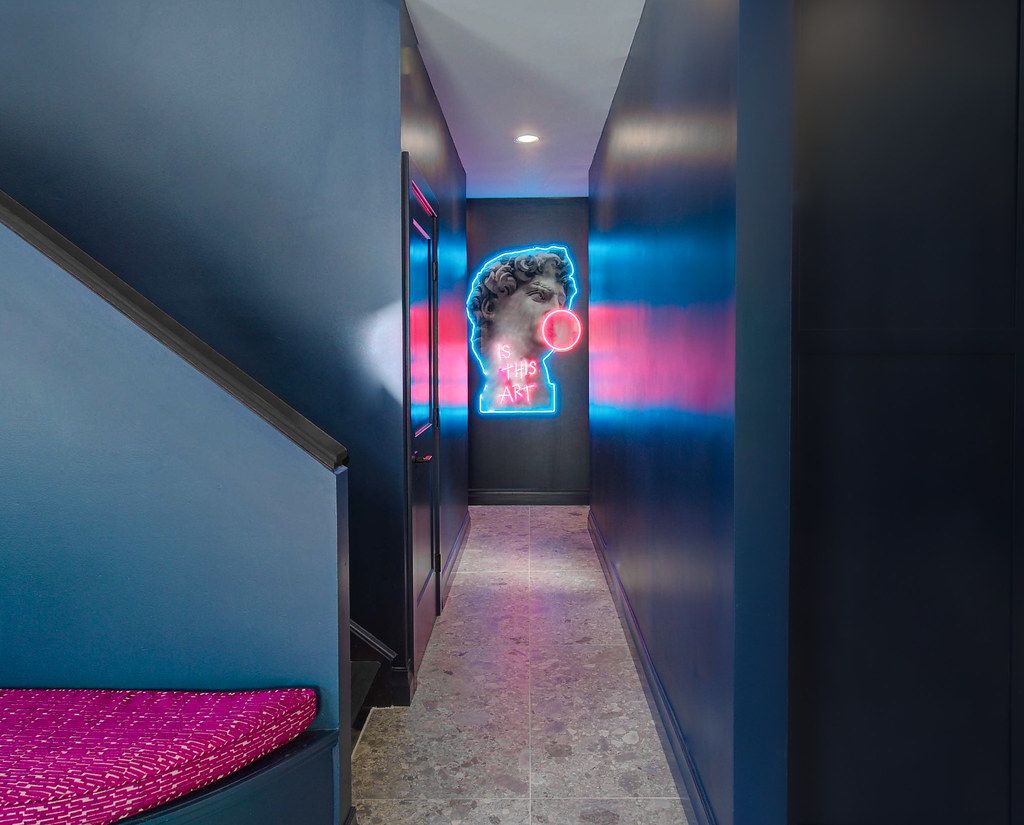 Blue and pink hallway.