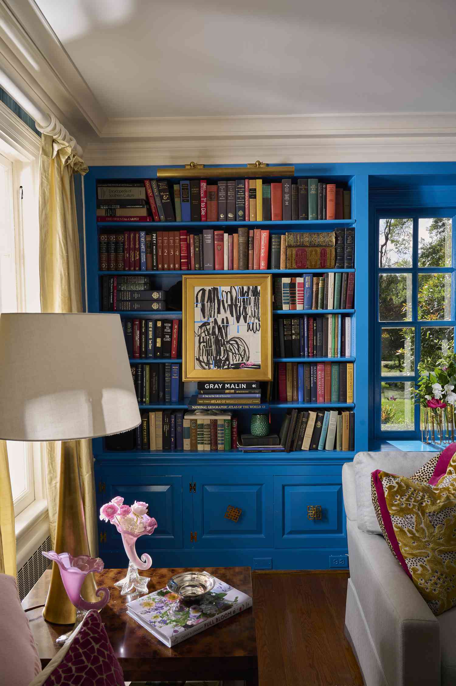 Vibrant blue bookcases