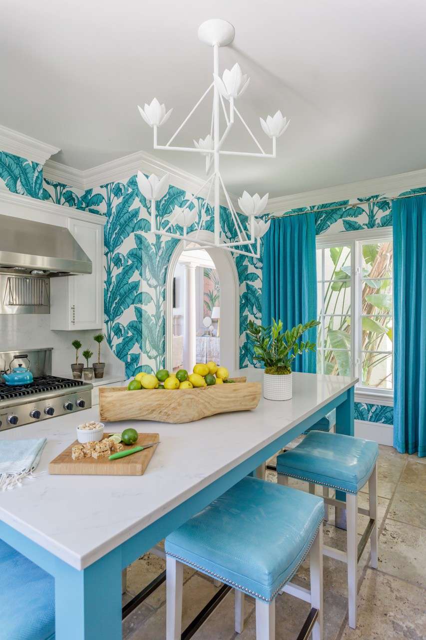 blue botanical wallpaper in kitchen