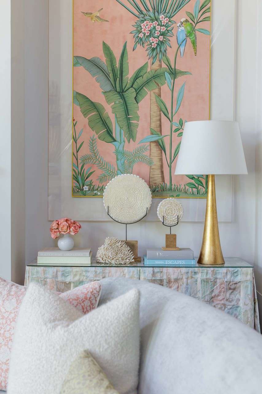 framed botanical textile in living room