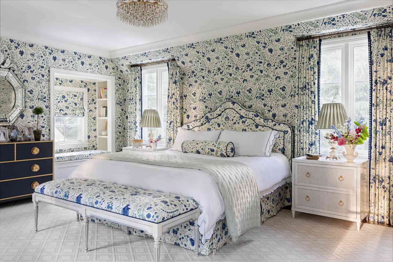 botanical print used on wallpaper, bedding, and curtains