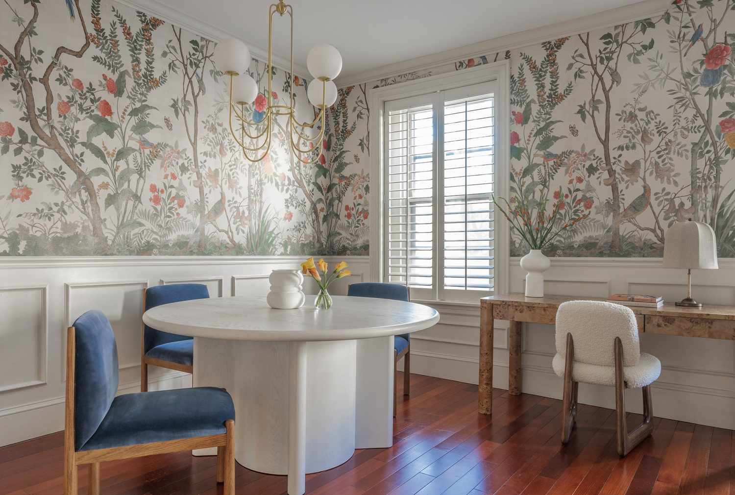 half of room papered with botanical